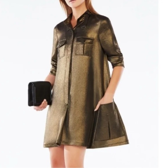 BCBGMaxAzria Dresses & Skirts - BCBGMAXAZRIA Emilee Metallic Gold Shirt Dress Size Small